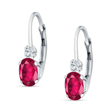 Oval Drop Dangle Charm Leverback Earring Ruby CZ 925 Sterling Silver